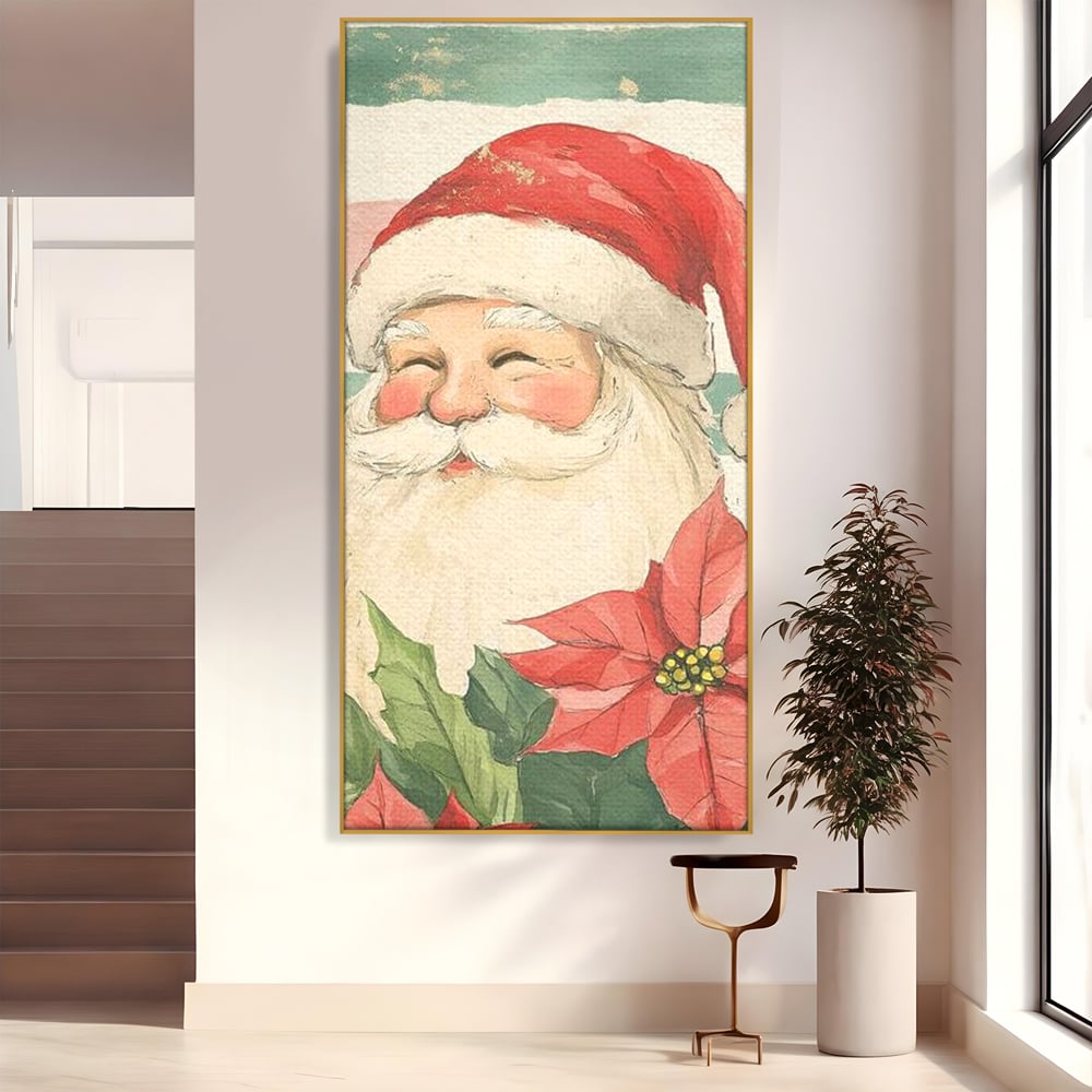 Tablou canvas cu portret ilustrativ cu mos craciun, in rama de aluminiu auriu